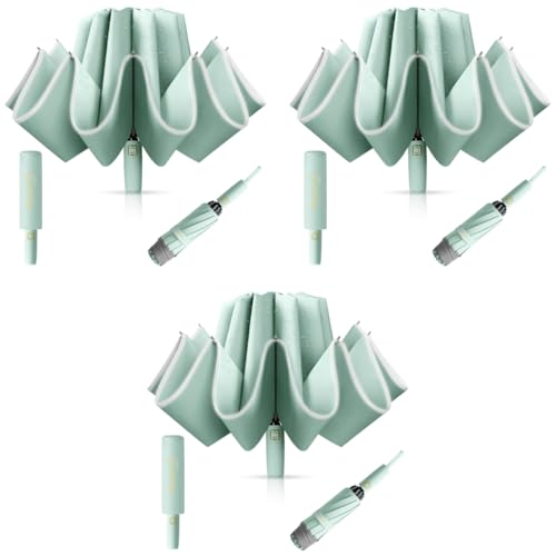 PALAY® Auto 3-Fold Large Umbrella with Reflective Strip 50'' Compact Travel One-Touch Open Close Reinforced 10 Dual Ribs Sun Protection 99 UV Rain Windproof for Men Women Mint Green 3 PCS PALAY® Auto 3-Fold Large Umbrella with Reflective Strip 50'' Compact Travel One-Touch Open Close Reinforced 10 Dual Ribs Sun Protection 99 UV Rain Windproof for Men Women Mint Green 3 PCS